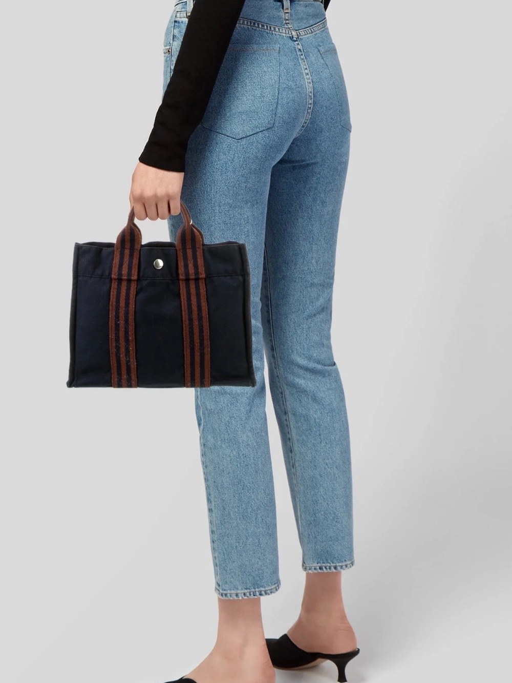 Hermes 2000s MM Fourre Tout Canvas Tote Bag with Striped Handles - Navy & Brown - Picture 2 of 10